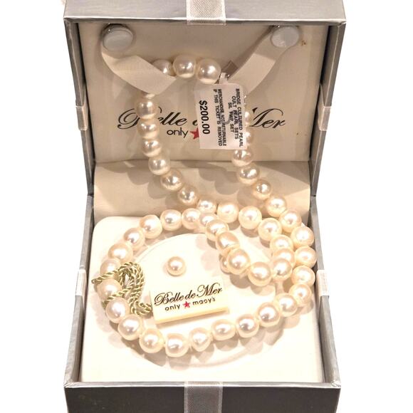 Cultured Pearl Sterling Jewelry Set 17" 8.5mm Necklace Earrings Belle De Mer NIB - Picture 1 of 8